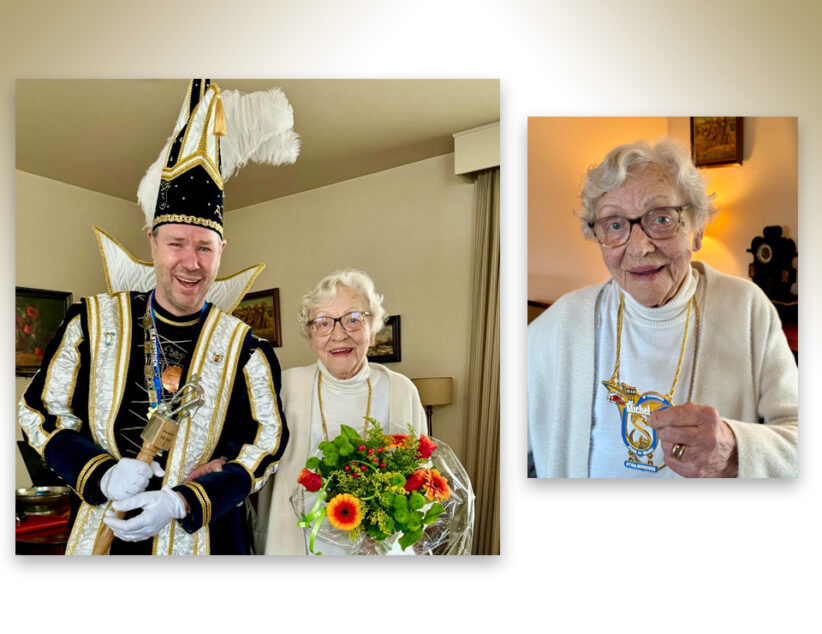 Bloemen en een onderscheiding van de prins voor Mieke Reinders