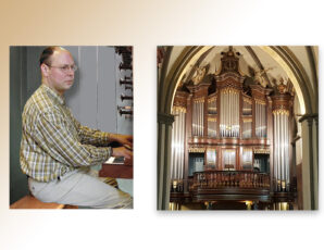 Hans Stege achter het Epmann orgel in Simon en Judaskerk